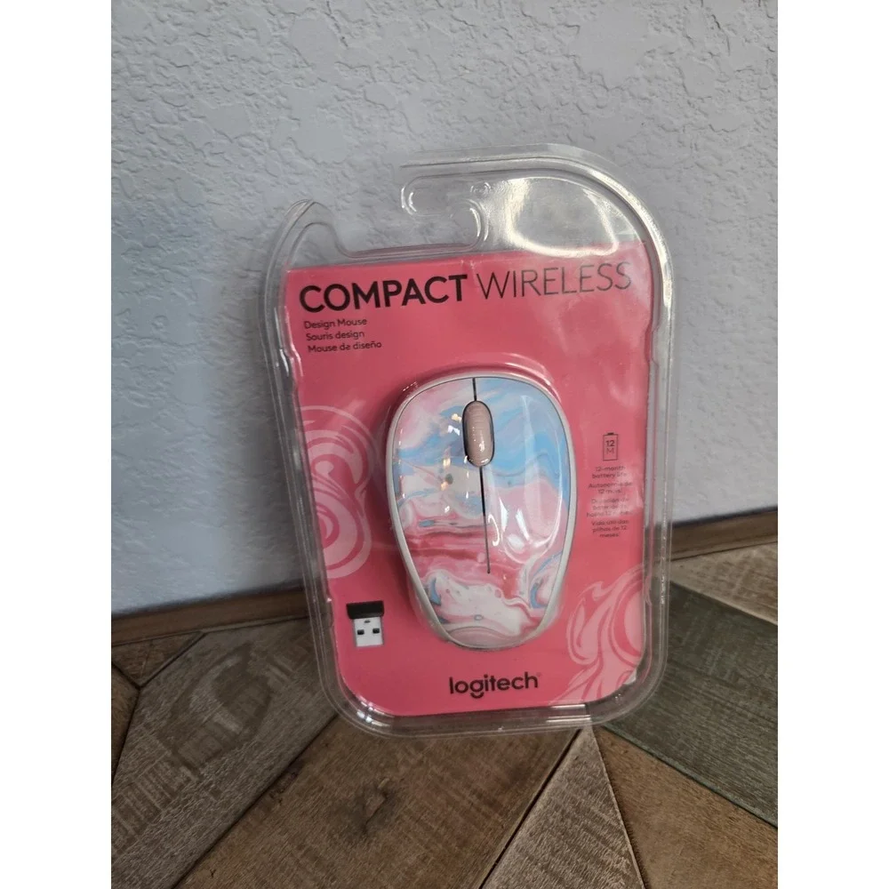 Logitech Compact Wireless Mouse Unused Open box, All Components Pink Swirl‎